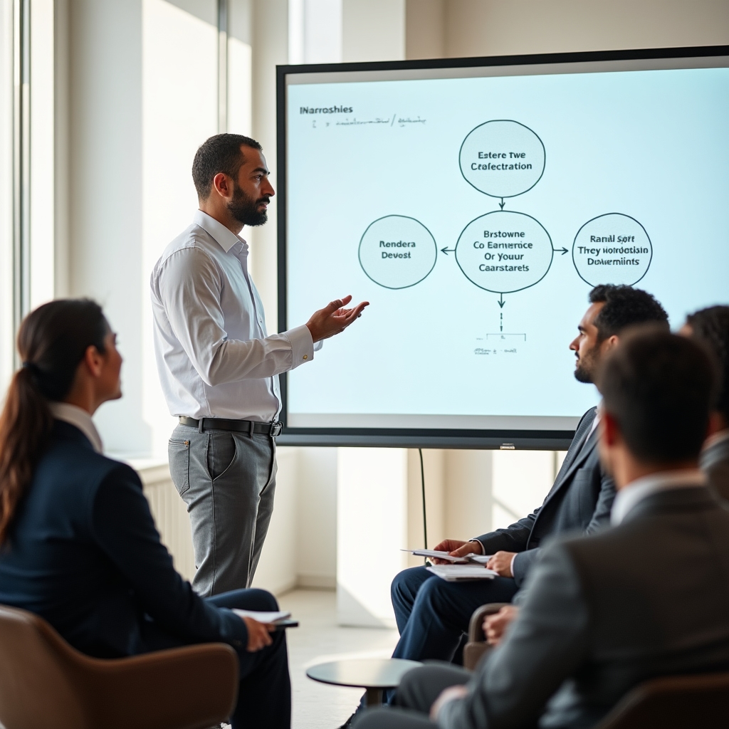 Consultant presenting a project narrative structure on a screen to a small seated group