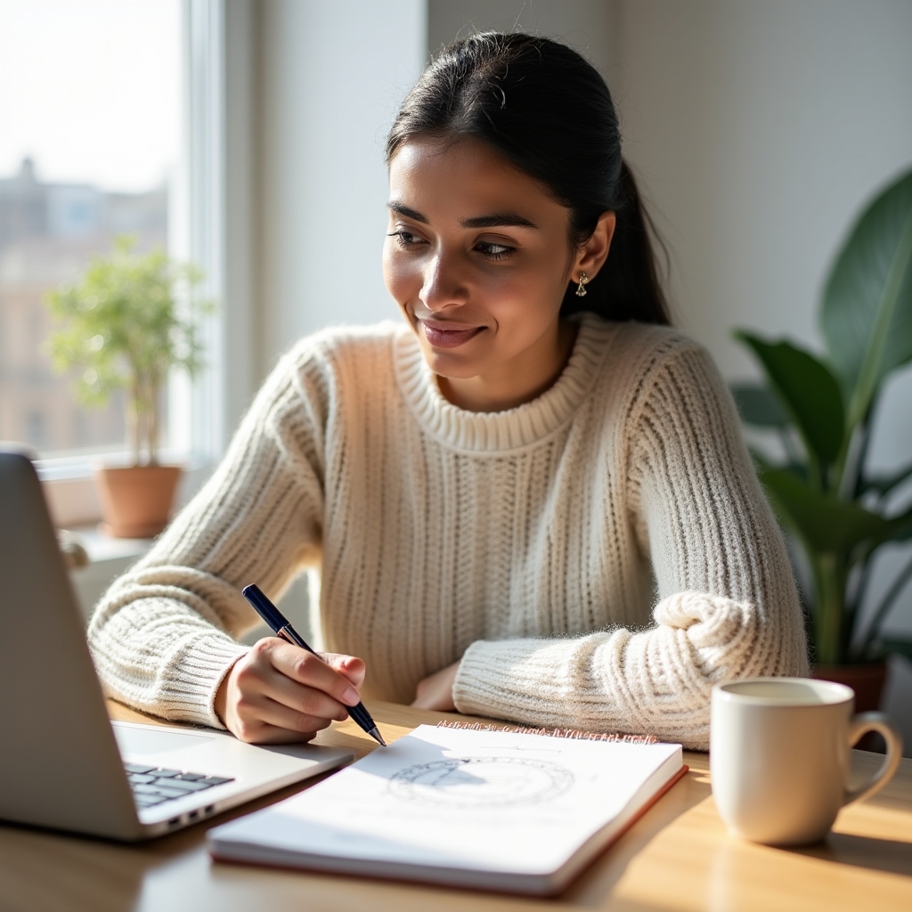 Consultant sketching a project narrative structure in a notebook at a wooden desk