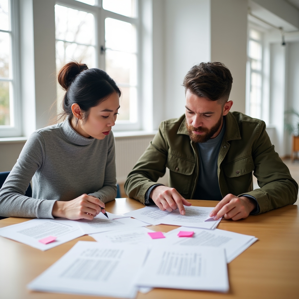Two consultants comparing printed case study drafts side by side on a table