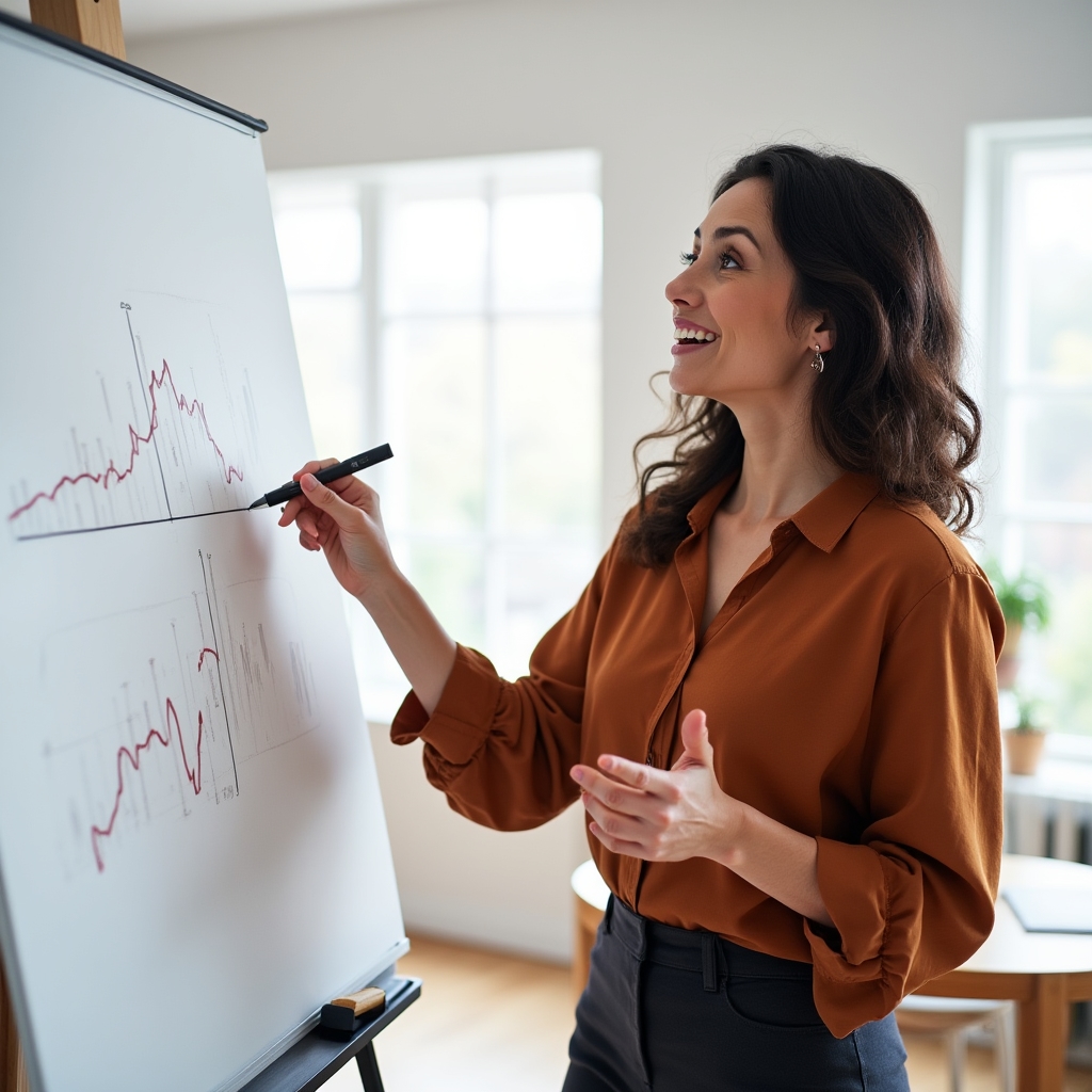 Consultant annotating a data chart on a whiteboard to explain the insight behind the numbers